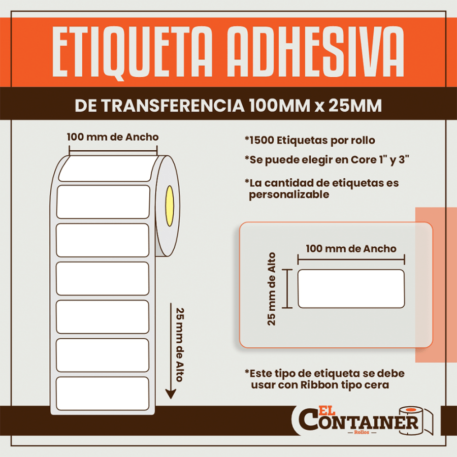 Etiqueta Adhesiva De Transferencia 100mm x 25mm