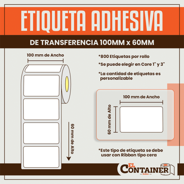 Etiqueta Adhesiva De Transferencia 100mm x 60mm