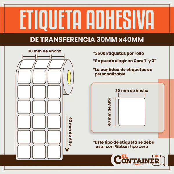 Etiqueta Adhesiva De Transferencia 30mm x 40mm