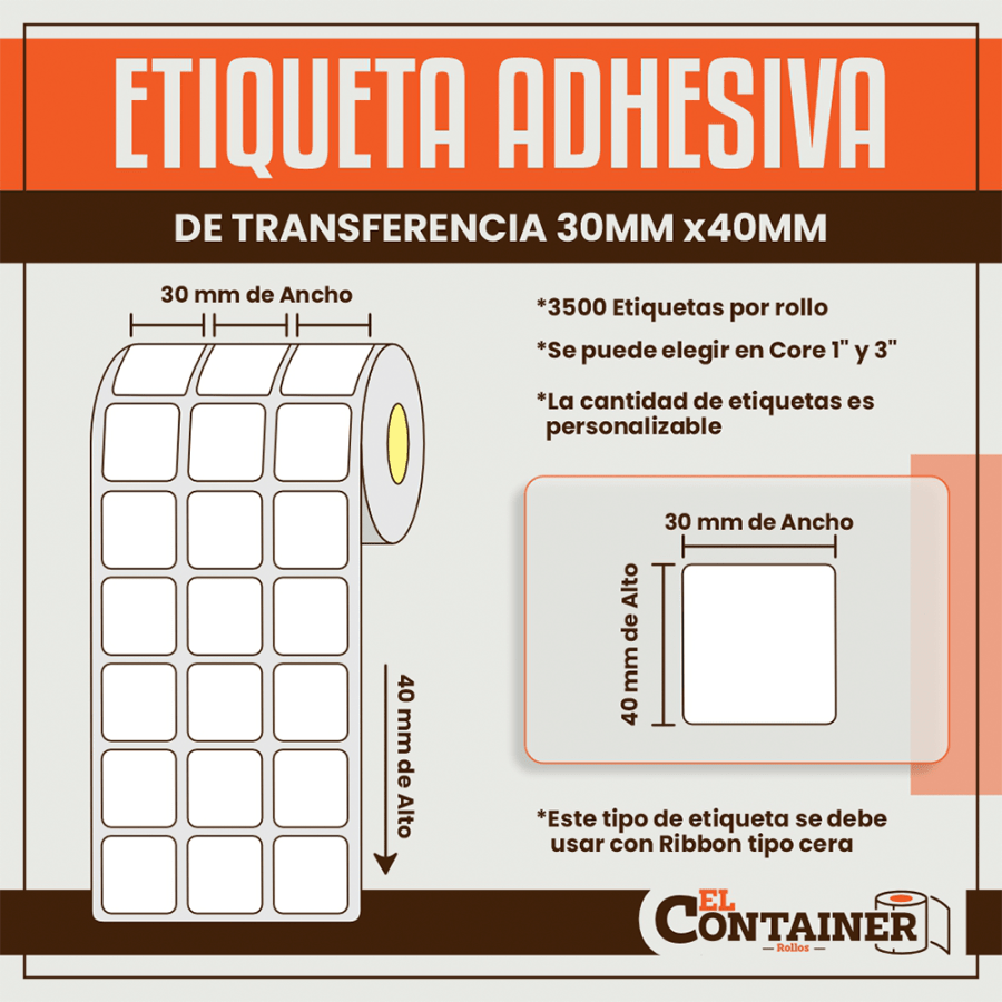 Etiqueta Adhesiva De Transferencia 30mm x 40mm
