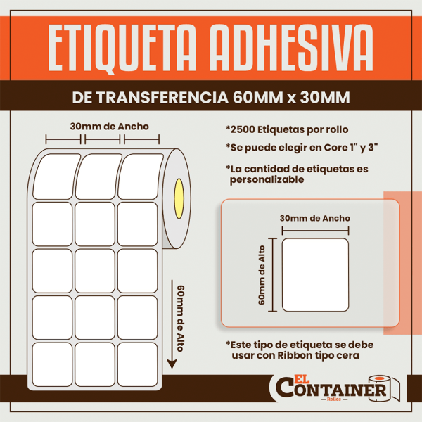 Etiqueta Adhesiva De Transferencia 30mm x 60mm