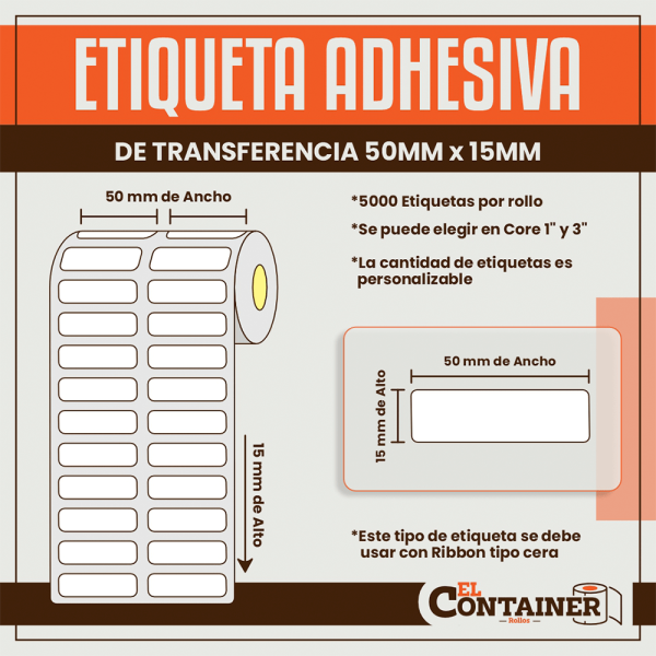 Etiqueta Adhesiva De Transferencia 50mm x 15mm