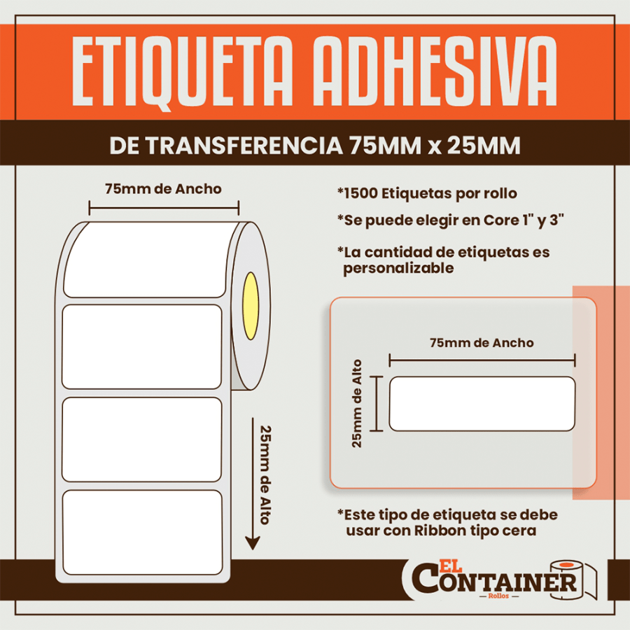 Etiqueta Adhesiva De Transferencia 75mm x 25mm