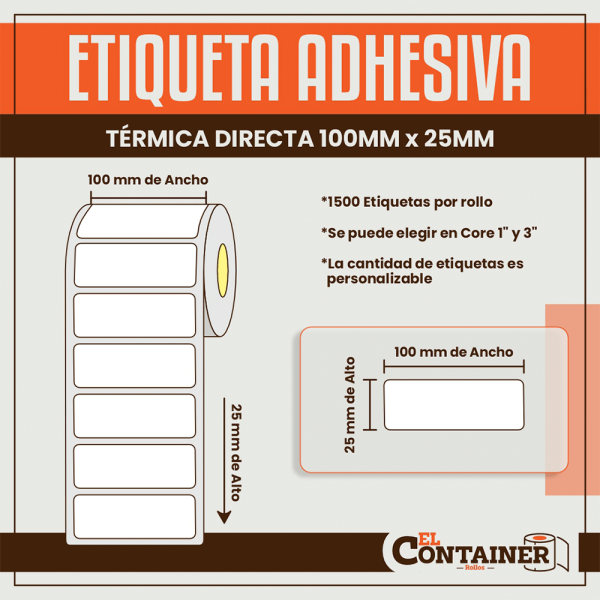 Etiqueta Adhesiva Térmica Directa De 100mm X 25mm