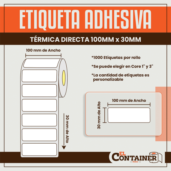 Etiqueta Adhesiva Térmica Directa De 100mm X 30mm