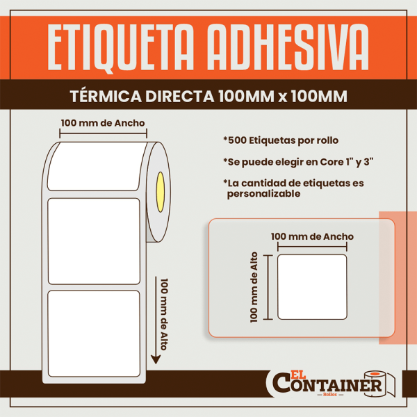 Etiqueta Adhesiva Térmica Directa De 100mm x 100mm