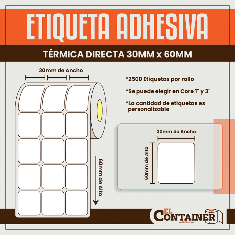 Etiqueta Adhesiva Térmica Directa De 30mm X 60mm