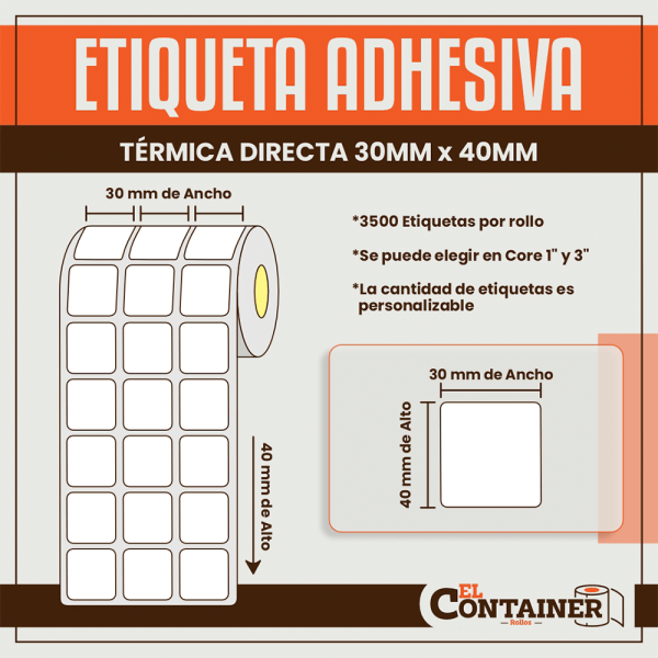 Etiqueta Adhesiva Térmica Directa De 30mm x 40mm