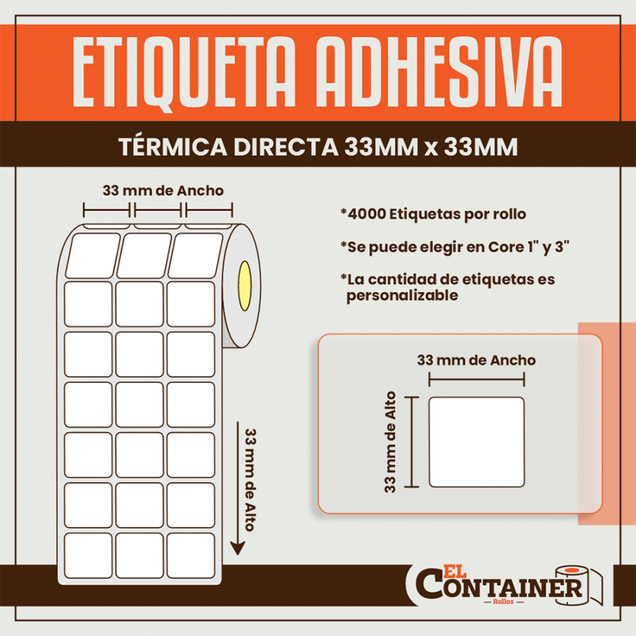Etiqueta Adhesiva Térmica Directa De 33mm X 33mm