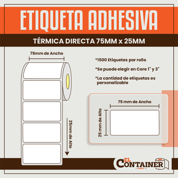 Etiqueta Adhesiva Térmica Directa De 75mm X 25mm