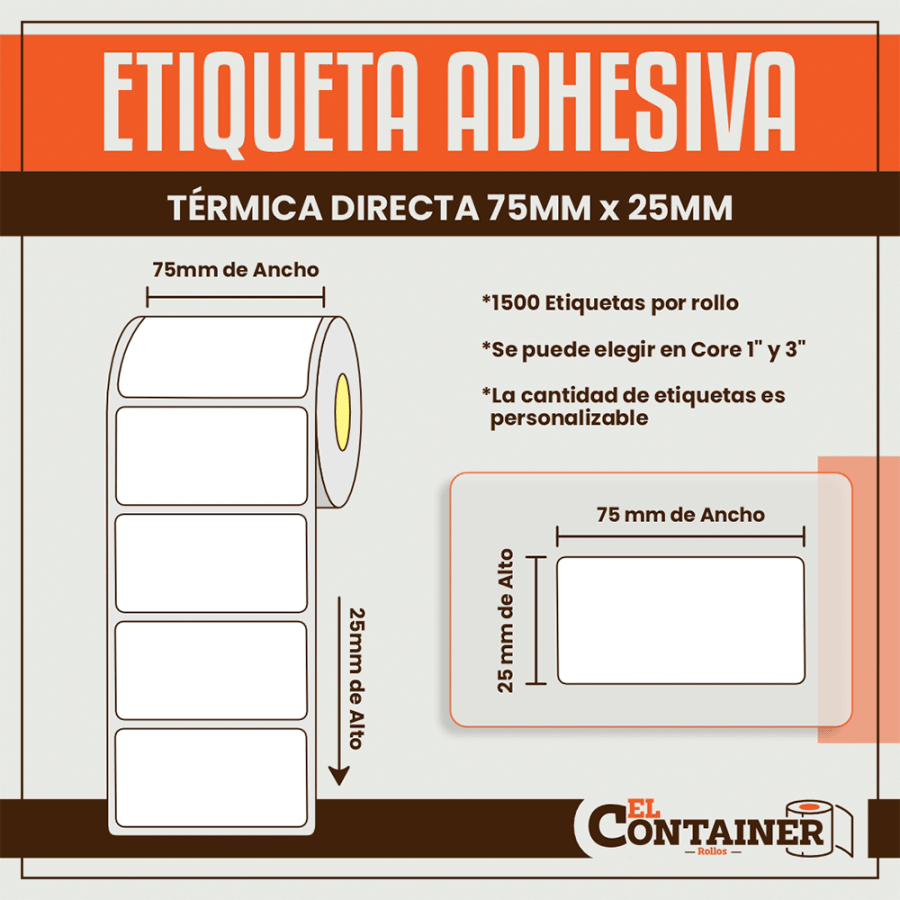 Etiqueta Adhesiva Térmica Directa De 75mm X 25mm