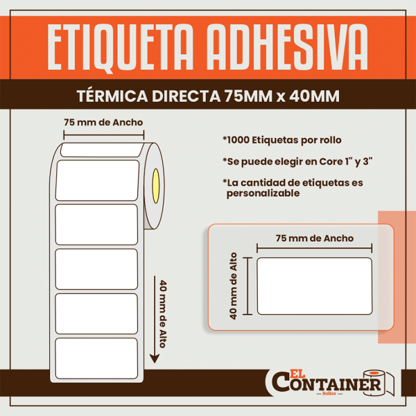 Etiqueta Adhesiva Térmica Directa De 75mm x 40mm